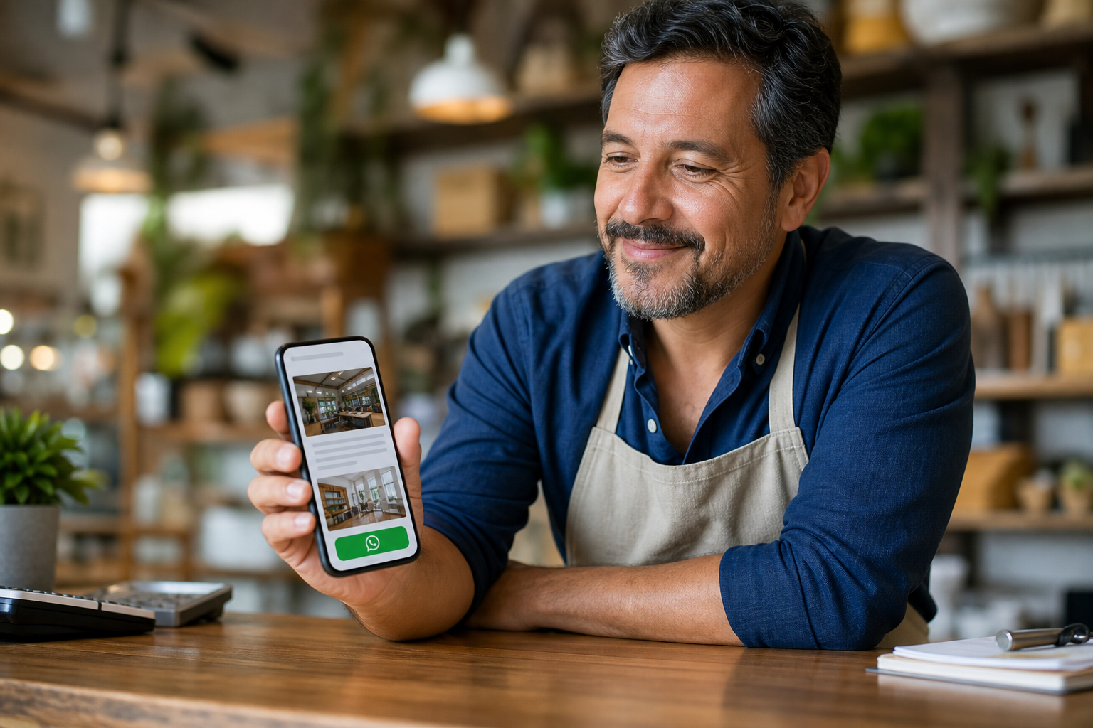Cliente revisando una web para negocio local con contacto directo por WhatsApp